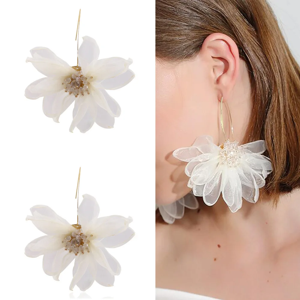 Vacation Tassel Earrings Oversized Fabric Petals Gradient Dye Bohemian Drop Earrings Lightweight Snag-Proof Beach Jewelry Gift