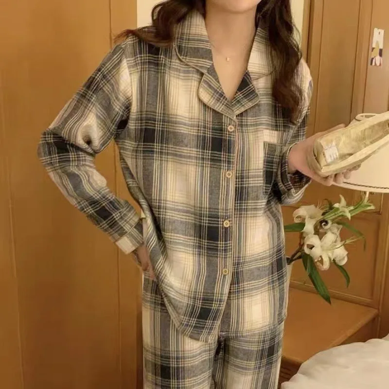 Neue Damen-Loungewear mit Karomuster und Kragen für Frühling und Herbst, Weiche Freizeitkleidung mit Langarm-Oberteil und Langer Hose