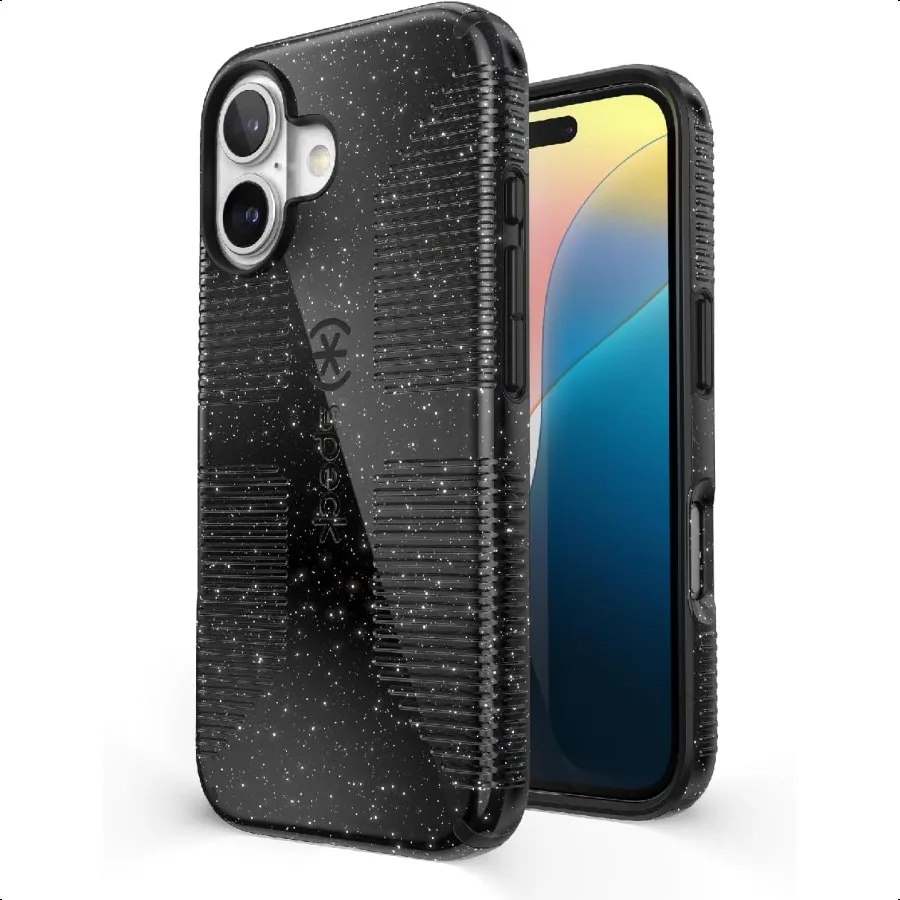 

Speck CandyShell Grip iPhone 16 Case Slim MagSafe Black Glitter Steel Black