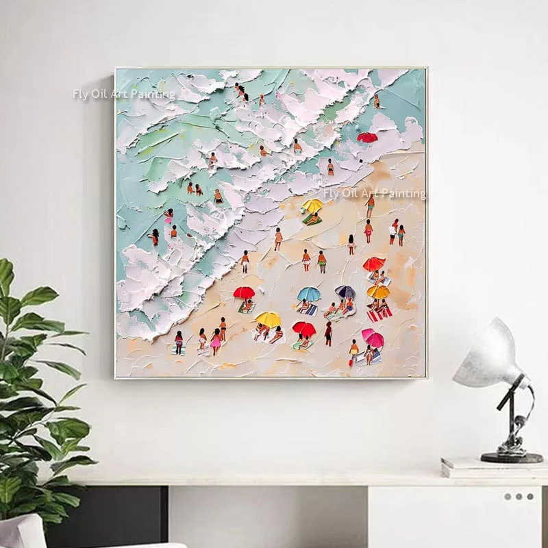 Summer Beach Sea Scape Thick Oil Painting Handpainted People Play By The Sea Canvas Wall Art Blue Sea Wave Artwork For Decor