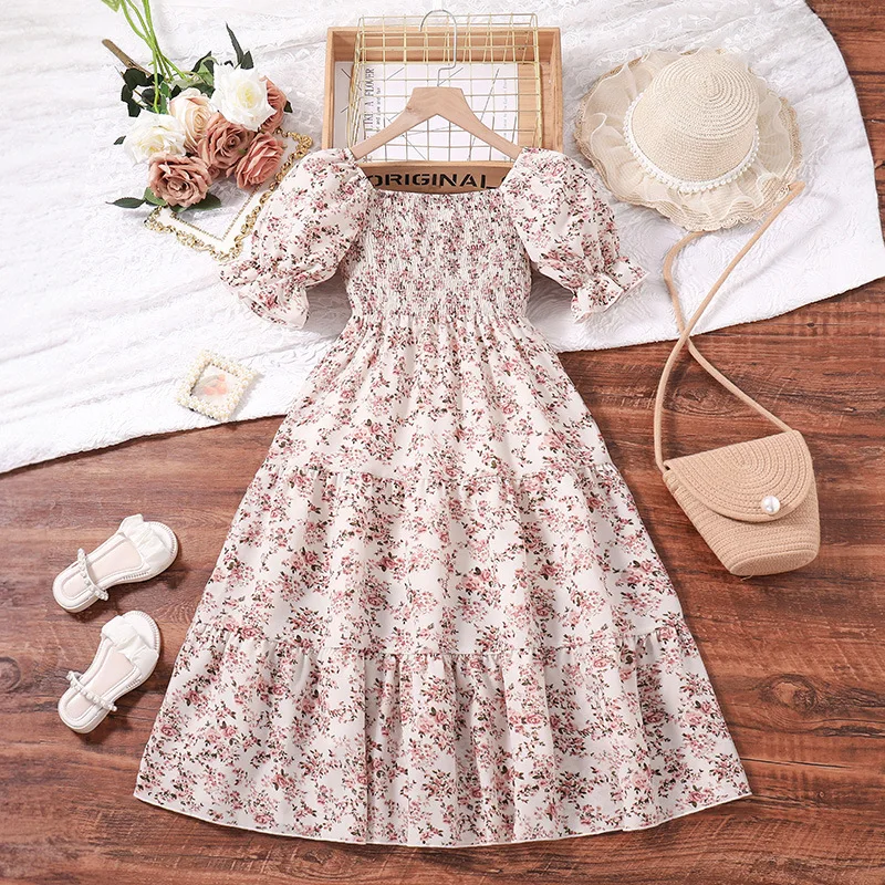 Kids Casual Dress for Girls Clothes 2024 New Summer Children Fashion White Floral Print Short Sleeve Princess Dress 7-14Y