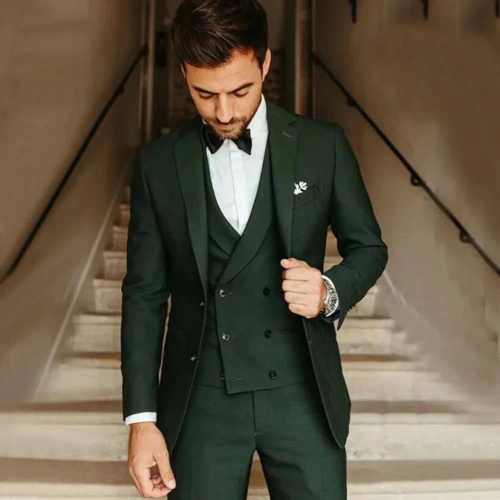 

Formal Green Suits for Men Single Breasted 3 Pieces Jacket Pants Vest Blazers Sets Banquet Business Wedding Male Clothing