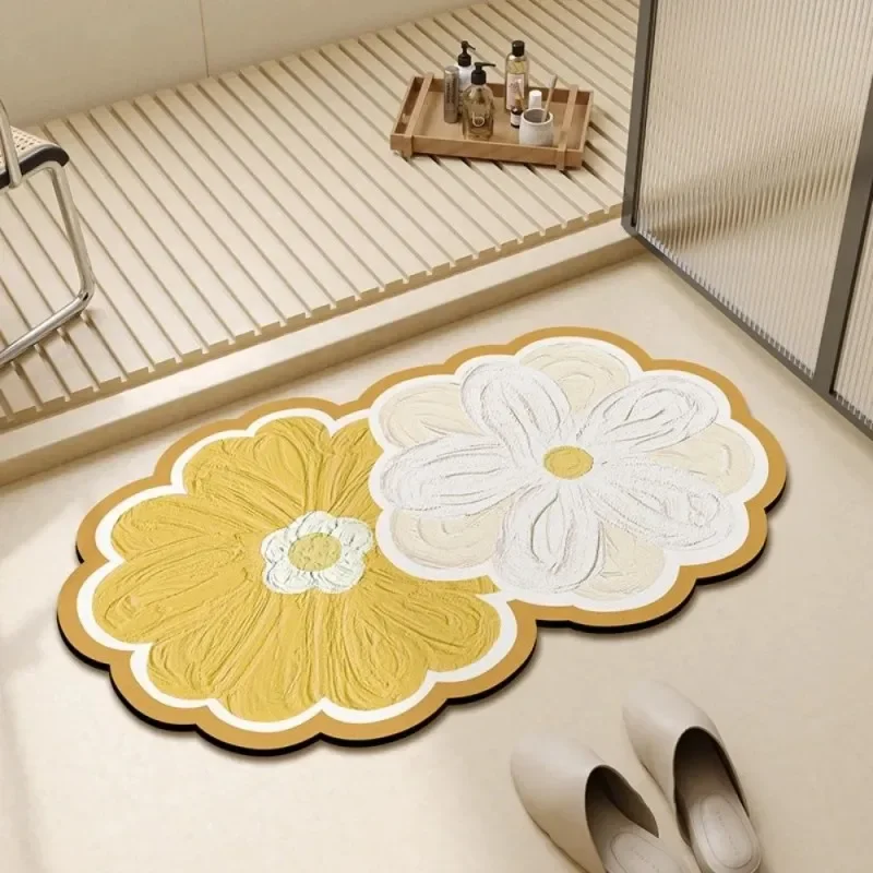 VIKAMA Boho Floral Bath Mat Super Absorbent Non-Slip Quick Dry Floor Rug Irregular Flower Doormat for Bathroom Bedroom