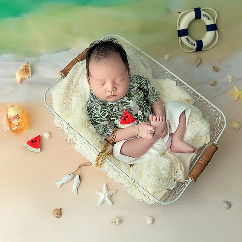 Pasgeboren Fotografie Rekwisieten Strandkleding Baby Jongen Zomer Outfit 100 Dagen Fotokleding Rekwisieten Hawaii Stijl Print Shirt Kleding