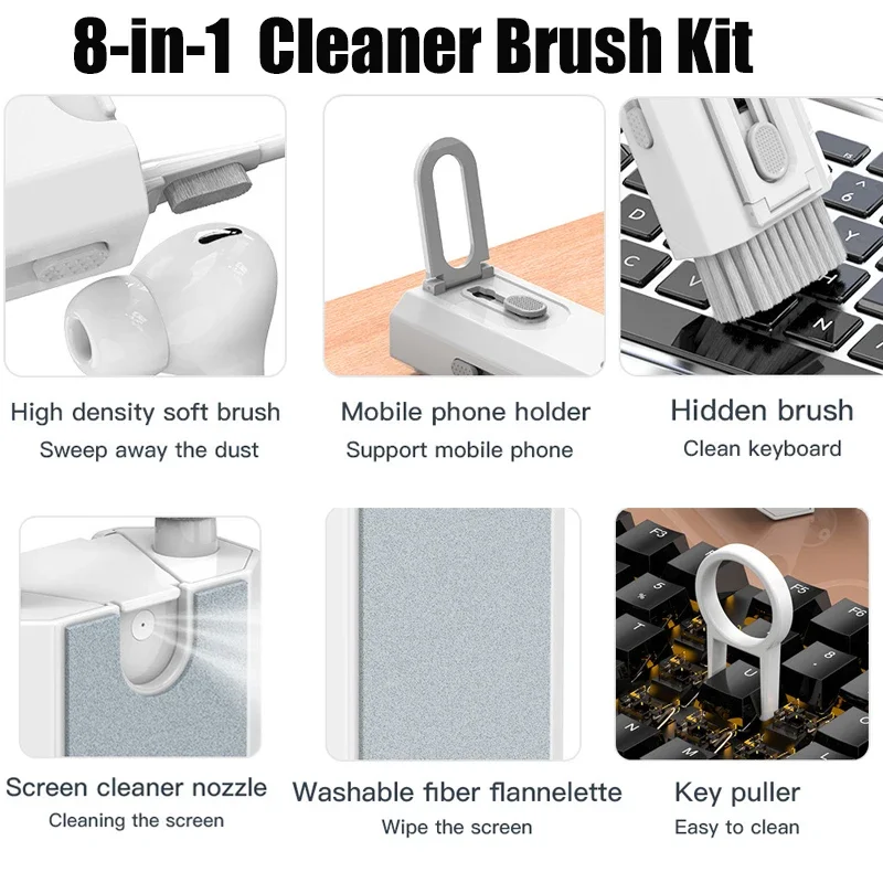 Computer Keyboard Cleaner Brush Multi-function Cleaning Brush Earphone Cleaning Pen Cleaner Keycap Puller 8-in-1 Cleaning Kit