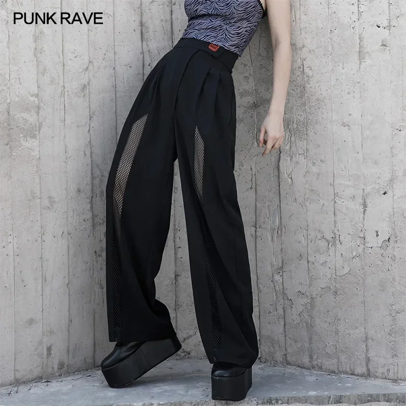 PUNK RAVE Women's National Series High Waist Loose Wide-legged Pants Punk Handsome Geometry Mesh Stitching Black Trousers