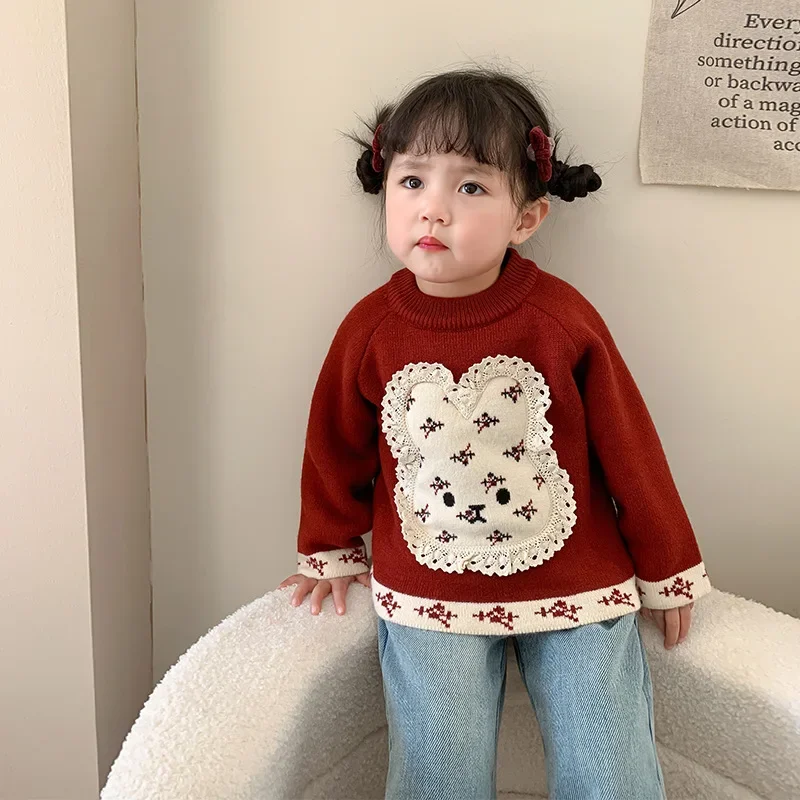 

Girls' Sweater Autumn and Winter Baby Knitted Top Velvet Thickened Bottoming Shirt for Infants and Young Children