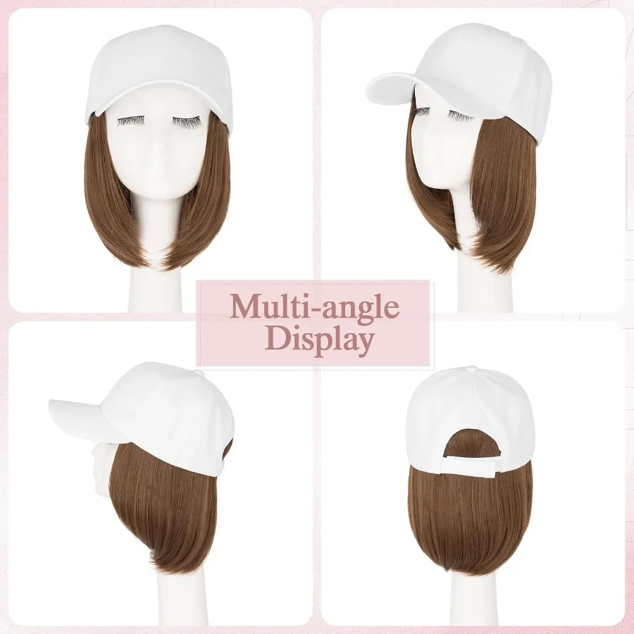 قبعة بيسبول صناعية مقاومة للحرارة مع وصلات شعر قصيرة مستقيمة قابلة للتعديل مقاس 6 بوصات للنساء قطعة شعر بيضاء بديلة
