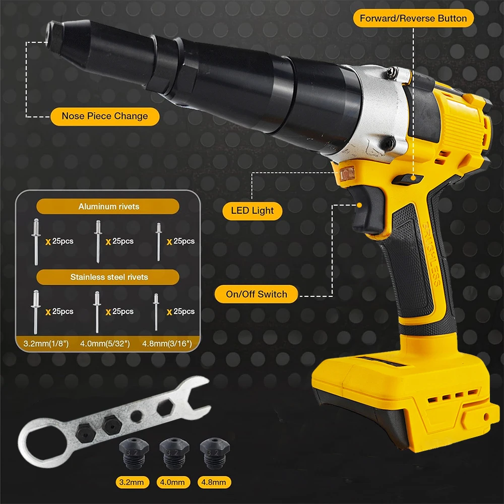 Brushless Electric Rivet Gun 2.4mm-4.8mm Automatic Riveter Rivet Hand Tool with LED Light for Dewalt 20V Battery (No Battery)