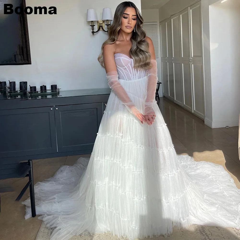 Booma Ruched Tulle A-Line Boho Bridals Dresses Sweetheart Long Bride Party Gowns Sweep Train Bustier Corset Wedding Dress Israel