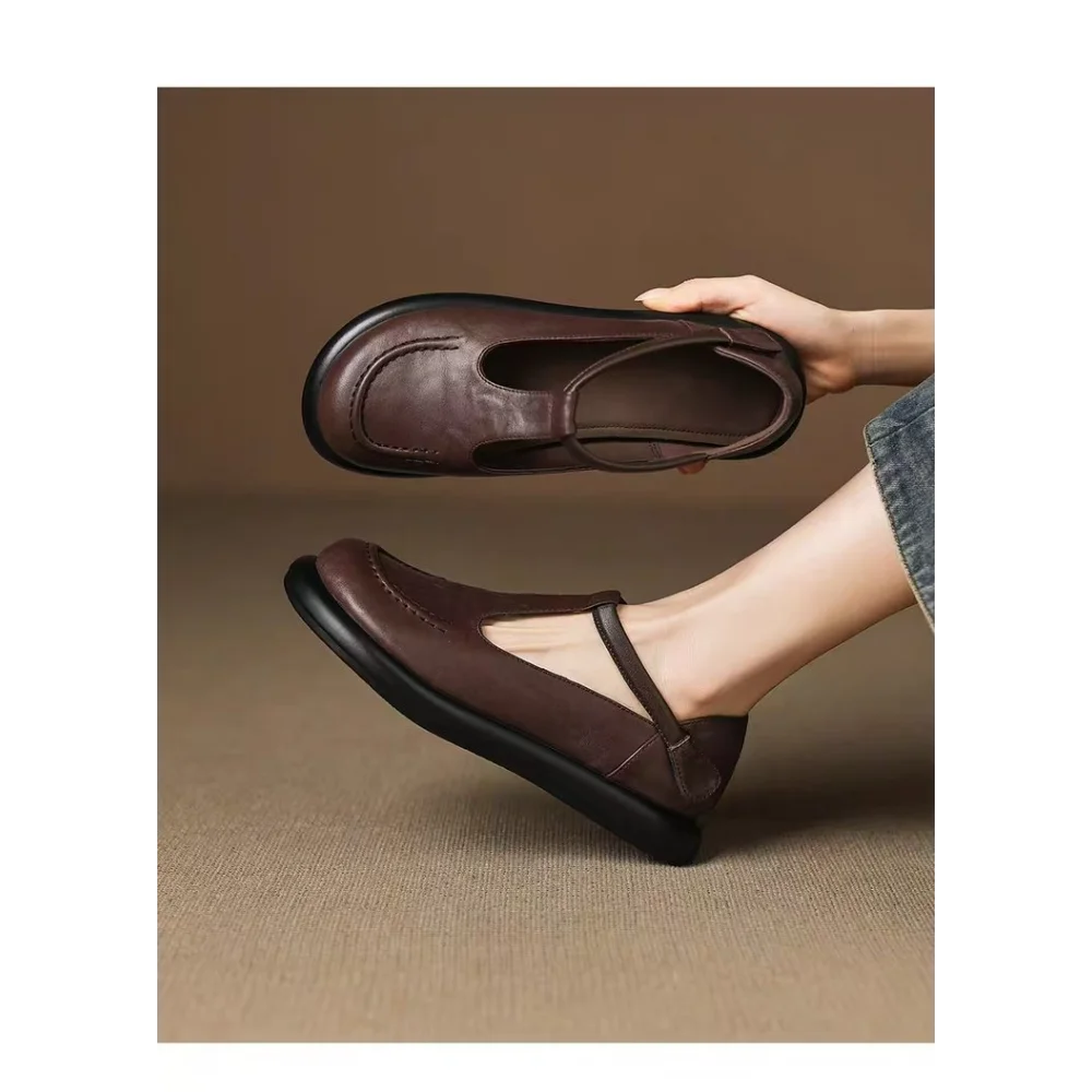 Vintage schokoladenbraune Mary-Jane-Slipper mit runder Zehenpartie, Slip-On-Loafer aus weichem Leder, bequeme Freizeitschuhe, rückenfreie Pantoletten, Streetwear – Detail 2