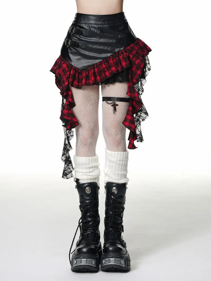 Retro Harajuku Gothic Stil Leder Spleißen Kurzen Rock für Frauen Y2K Spitze Saum Mini Falten Rock Herbst Straße Cool Girl