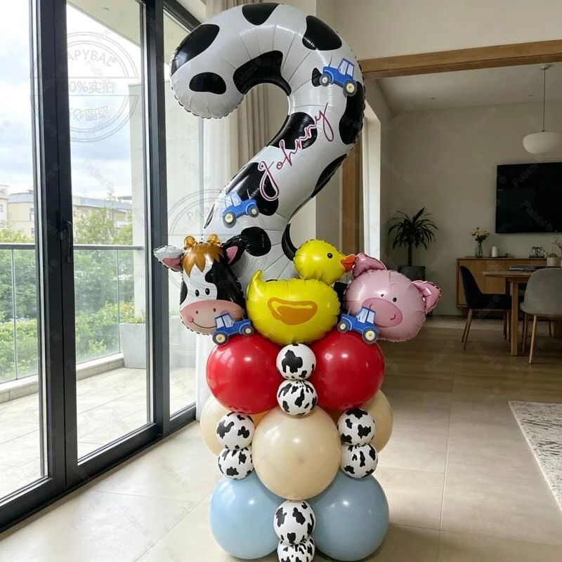 26pcs Mini Animal Head Balloon 40 Inch Cow Pattern Number 1-9 Birthday Balloon Set Farm Theme Party Decoration Festival Supplies