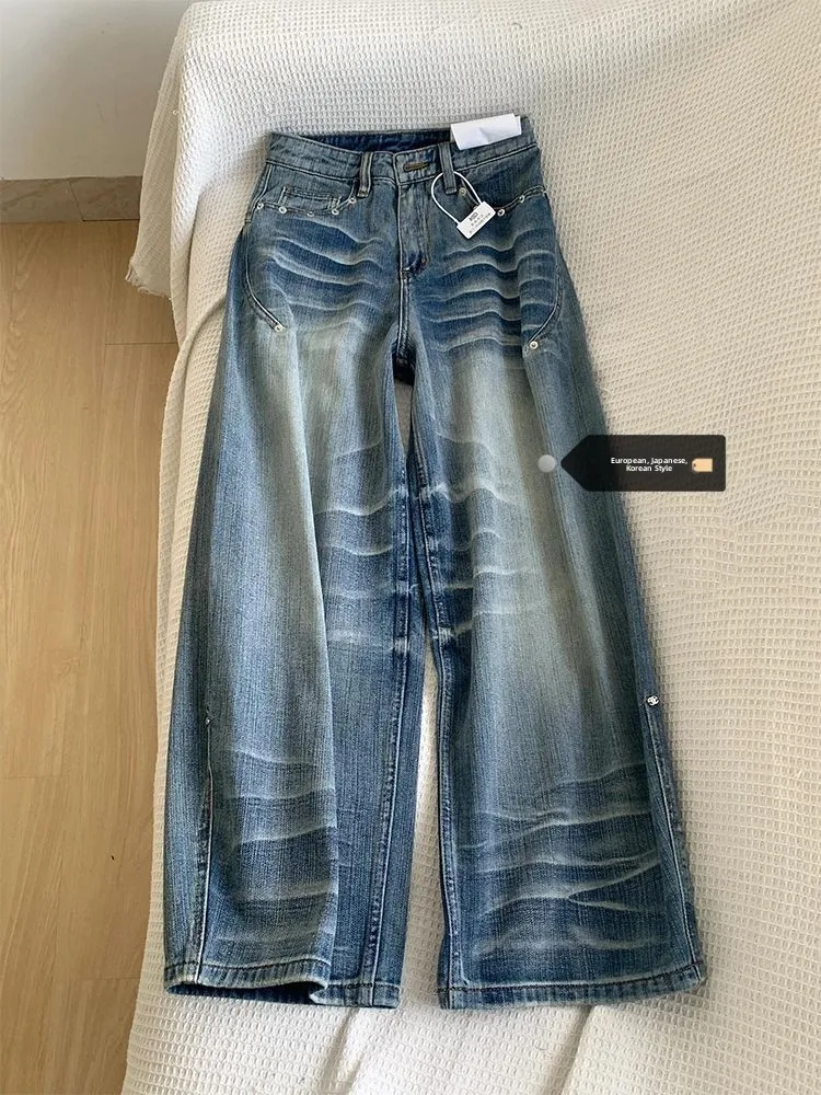 

High Waist American Straight Leg Pocket Embroidery Loose Wide Leg Jeans Women Summer New Small Size Trendy Loose Pants