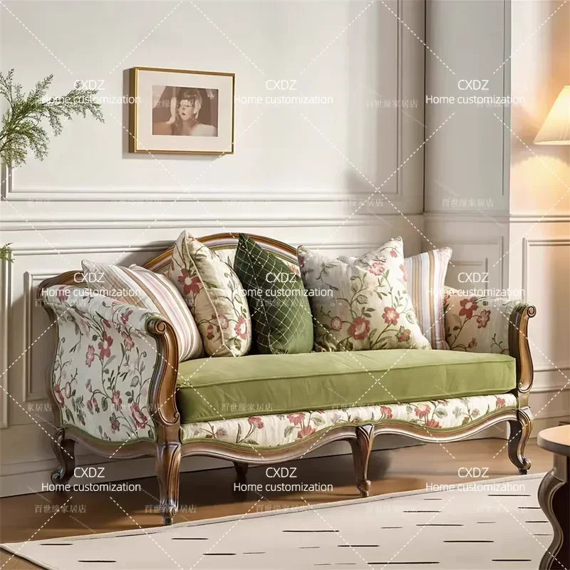 Antique Solid Wood Villa Sofa Double Triple Living Room Furniture Nordic Style Model Room Couch