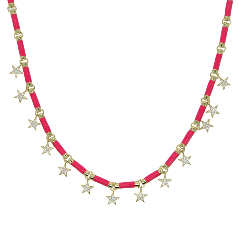 

White Pink Yellow Blue Colorful Women Choker Necklace 2022 New Neon Enamel Bar CZ Paved Star Charm 32+10CM Gold Color