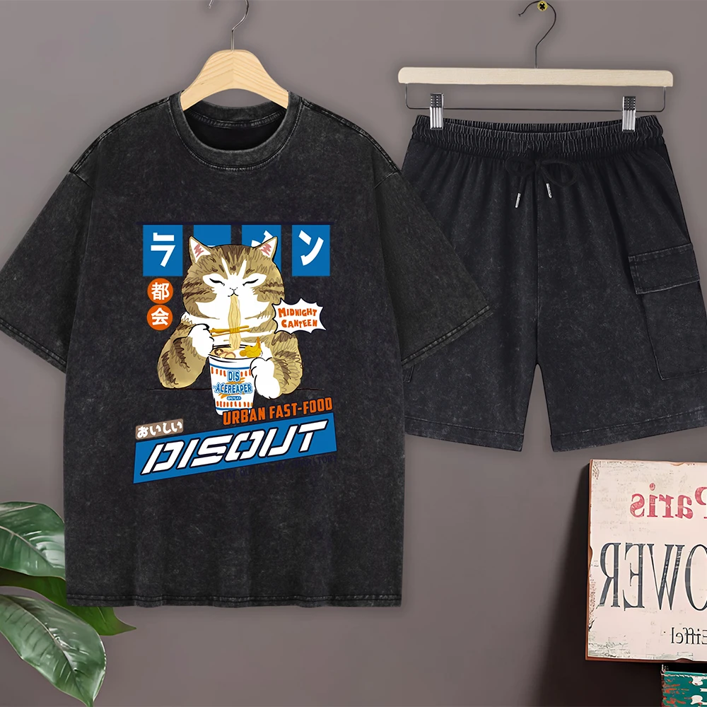 

Harajuku Cat Eating Noodles Cotton Washed T-Shirts Set Mens Summer Oversized T Shirt Pants O-Neck Short Sleeve Tops Cargo Shorts