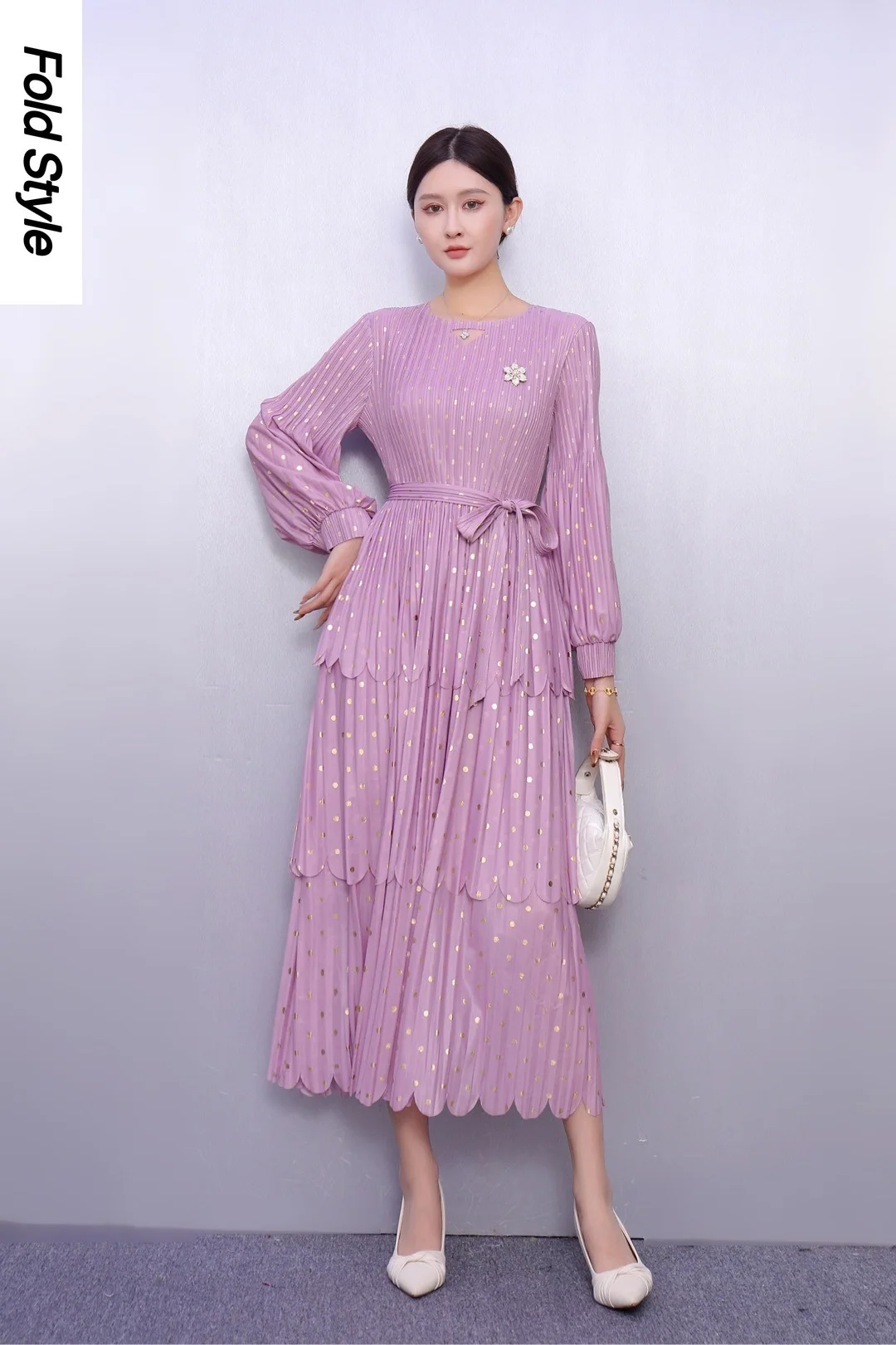 

2025 плиссированное свободное платье, модное бронзовое свободное платье в горошек, элегантная женская одежда, плиссированная юбка на талии