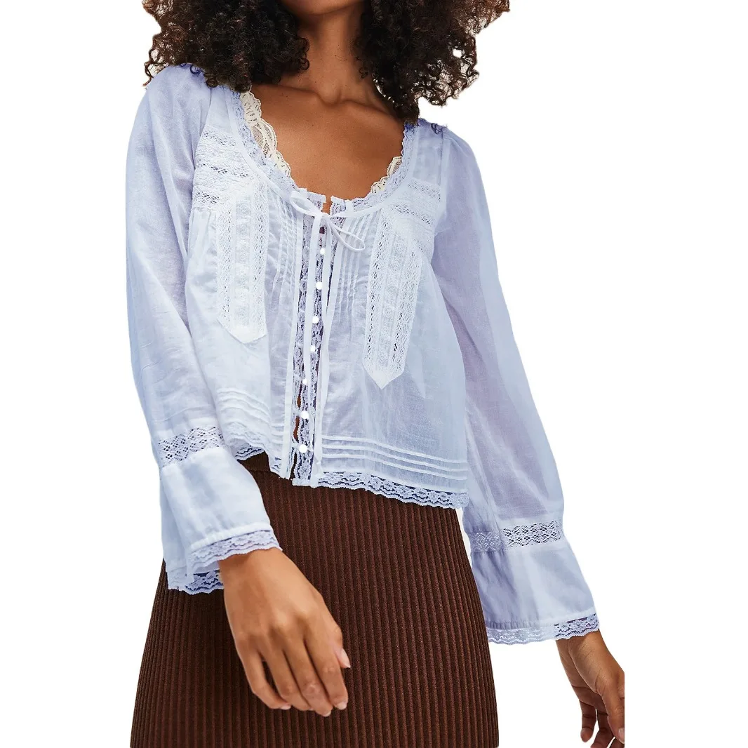 Luxury High-end White Shirts Lace Patchwork Single-breasted Design Women Tops Long Sleeve Lightweight Office Lady Blouse Black