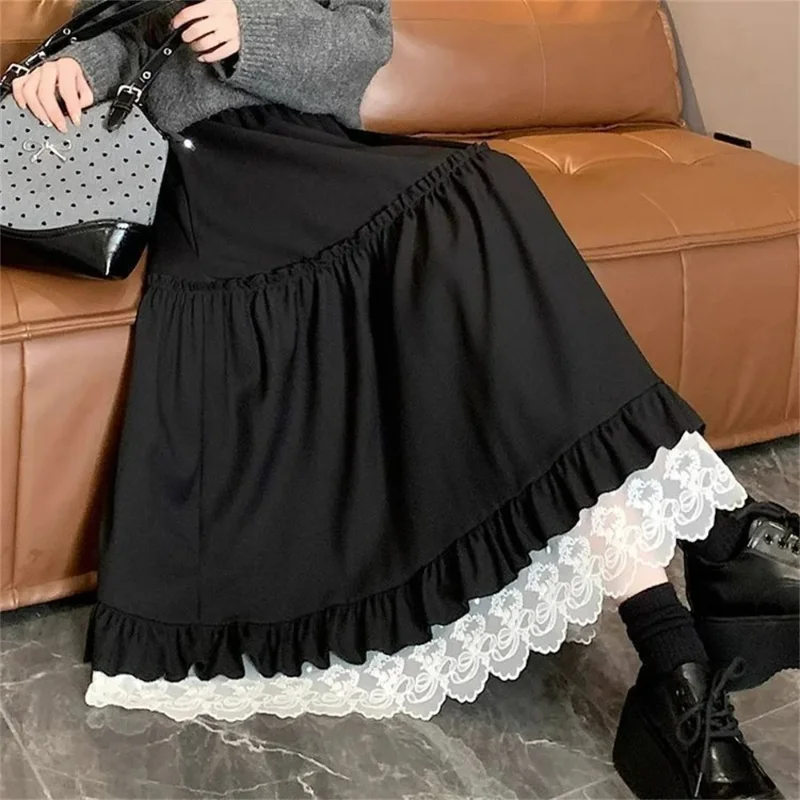 

Женская винтажная юбка с кружевными вставками, свободного кроя, в японском и корейском стиле, черная, длинная, повседневная, уличная, ретро, А-силуэт