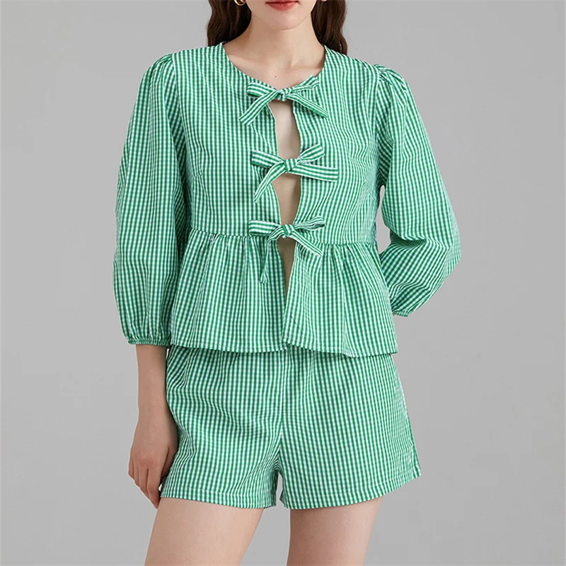 Elegant Plaid Print Short Pant Suit Y2k Women Lace-Up Bow Puff Sleeve Ruffles Top 2 Pieces Sets Female Casual Vacation Outfits