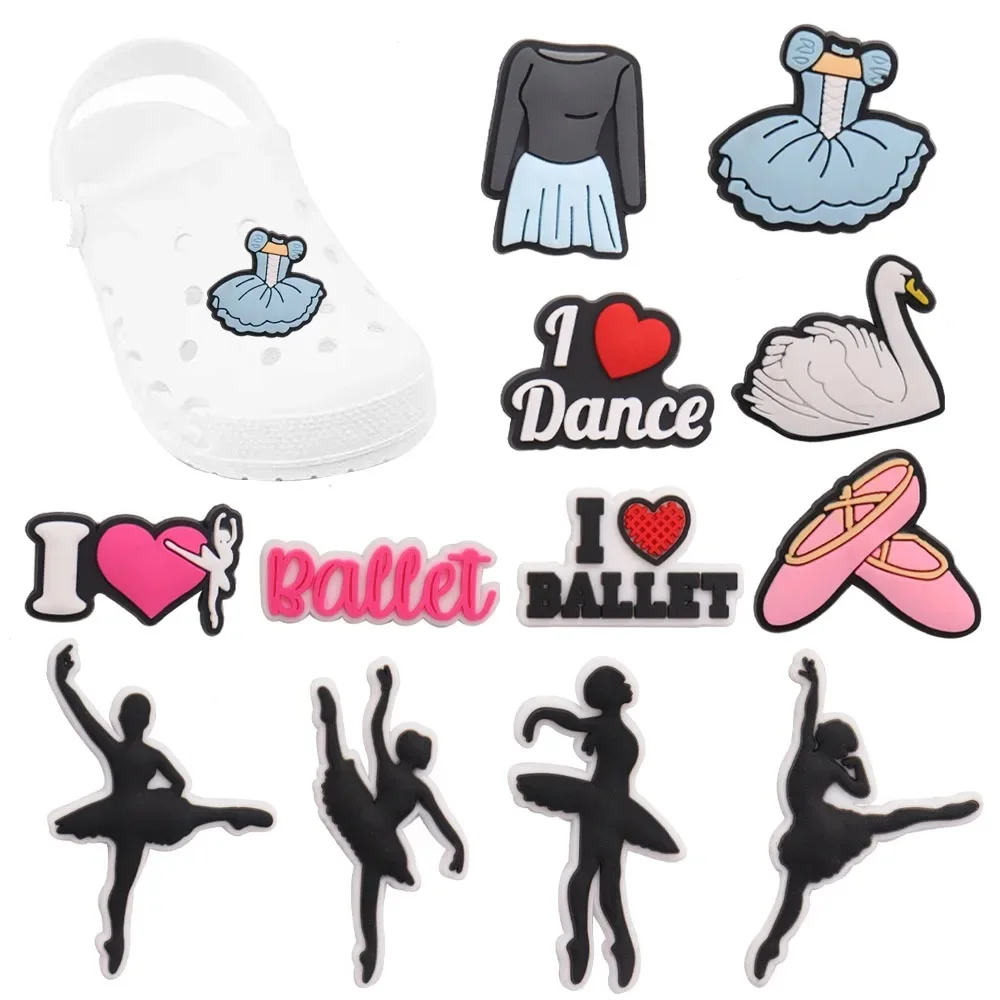 Mix 50PCS Kawaii Ballet Dress I Love Dance Swan PVC Buckle Clog Fit Wristbands Shoe Charms Garden Shoes Button Decorations