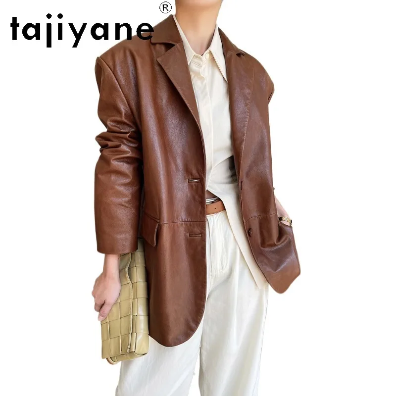 TAJIYANE Vintage Oil Waxed Goatskin Leather Jacket Women Mid-Length Real Leather Blazer Coat Oversized Jackets for Woman Tops 자켓
