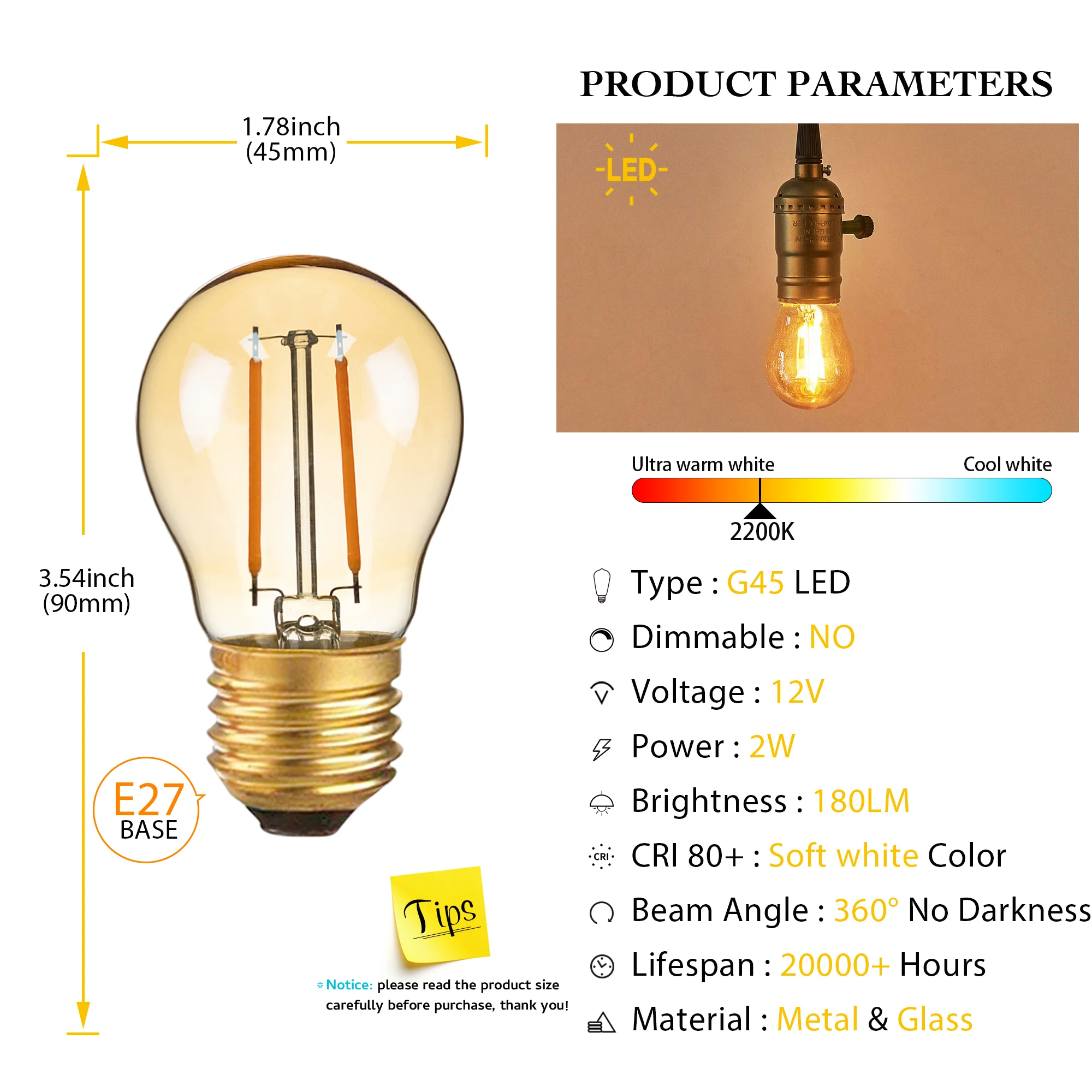 Genixgreen Low Voltage DC 12V G45 LED Light Bulb E27 Base 2W Amber Glass Warm White 2200K RV Camper Decor Solar Battery Bulbs