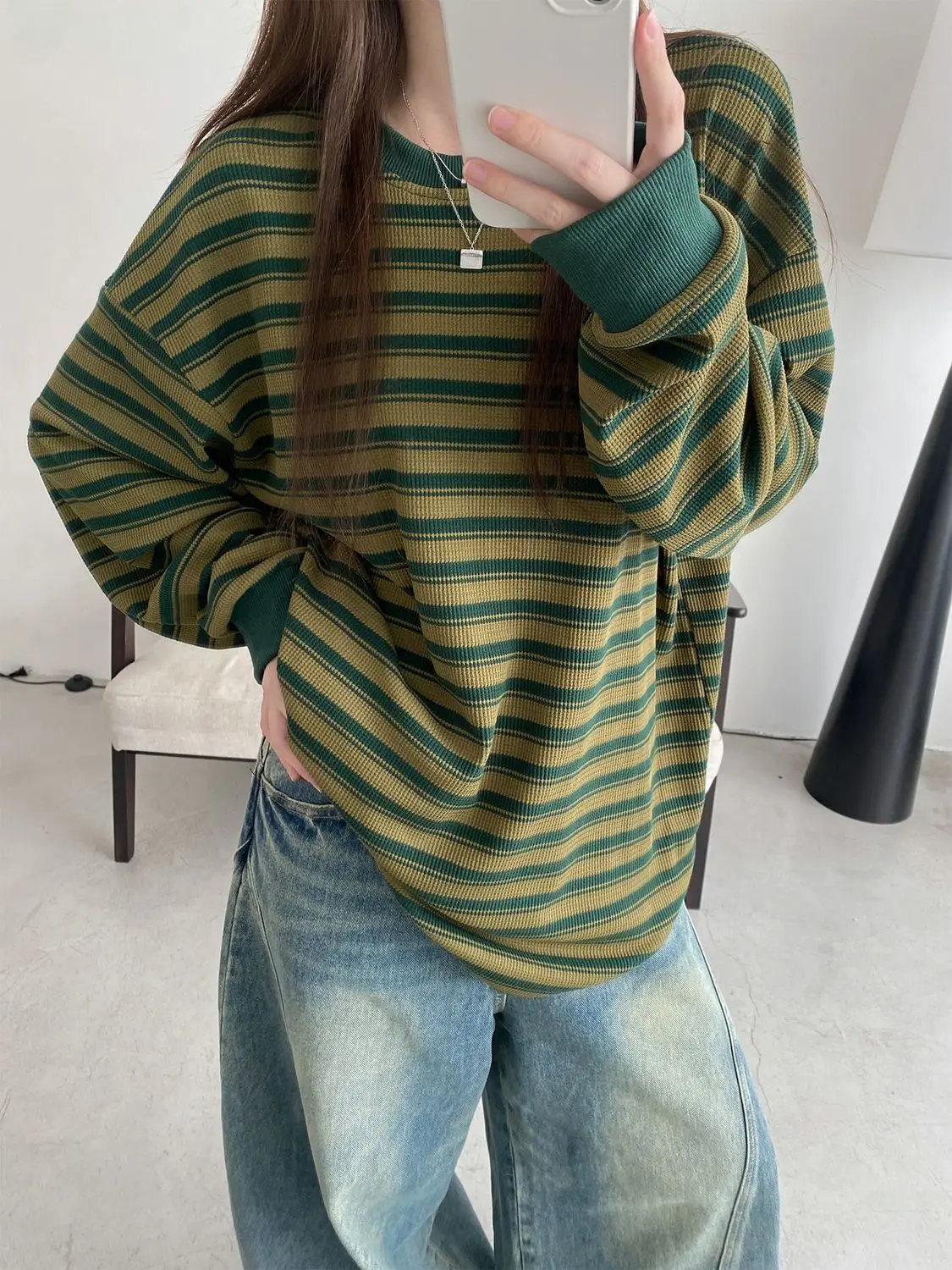

Осенний полосатый цветной пуловер с длинным рукавом и круглым вырезом, свободные толстовки большого размера, топы на основе, повседневные женские футболки