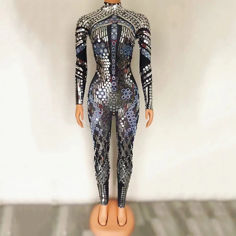 Mirror Costumes Sequin Black Jumpsuit Diamond One Piece Trousers Leotard Rave Festival Outfit Stage Performance Clothes