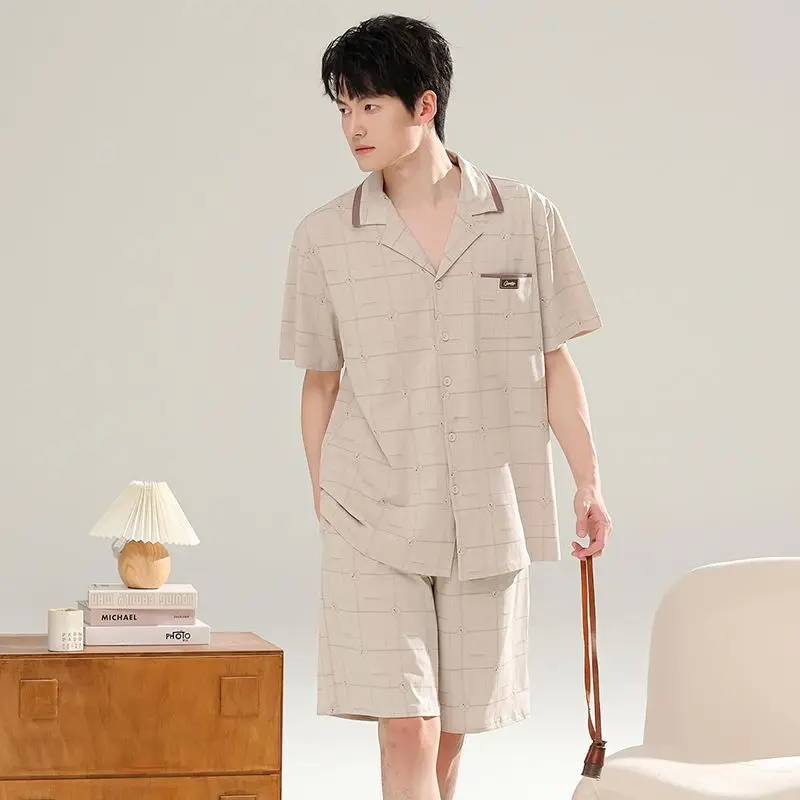New Summer Short Sleeve 100% Cotton Pajama Sets for Men Korean Casual Plaid Cardigan Sleepwear Pyjama Homewear Male Home Clothes