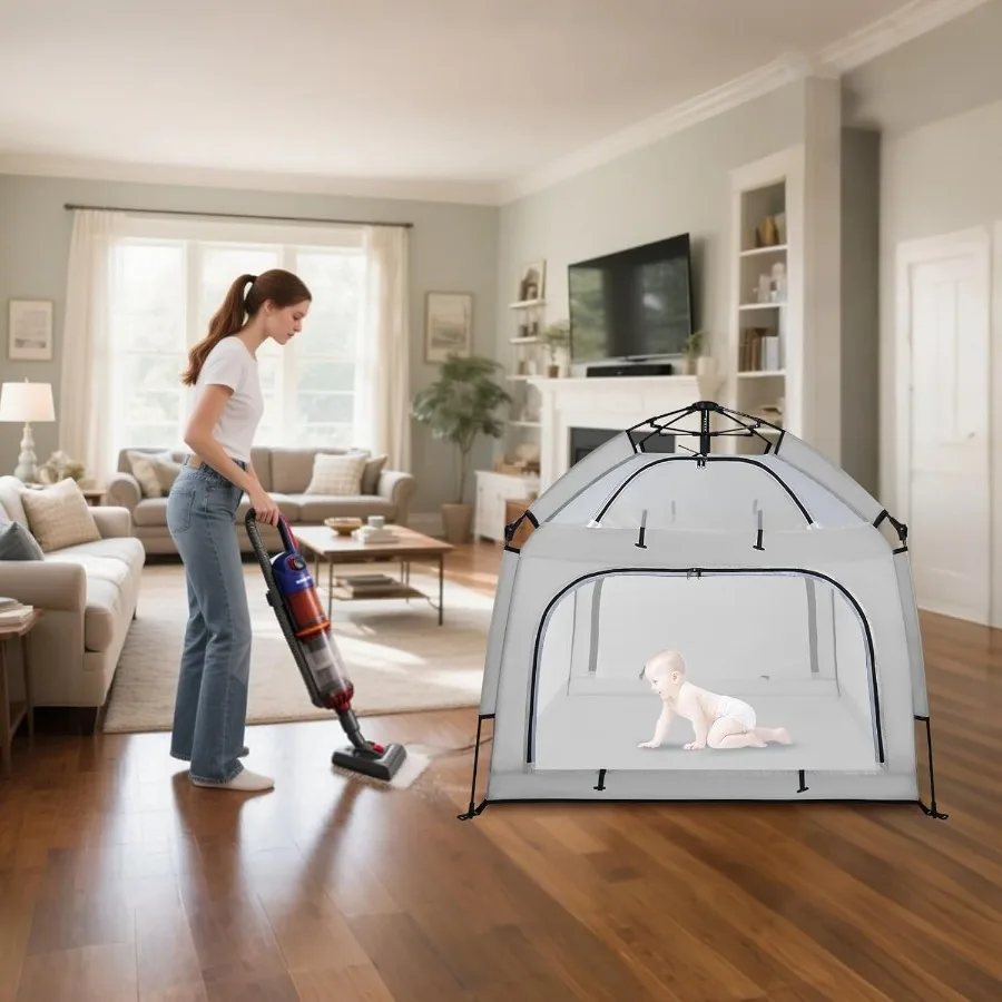 روضة أطفال محمولة مع مظلة لعب للأطفال الرضع وخيمة شاطئ ناموسية للاستخدام الداخلي والخارجي باللون الرمادي #5