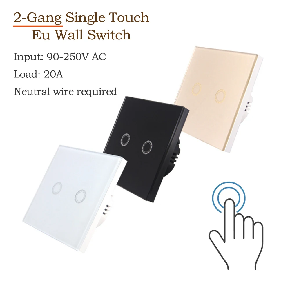 COLOROCK Euro Wall Switch Single Touch 2-Gang Light Switch 20A 90-250V AC Neutral Wire Required