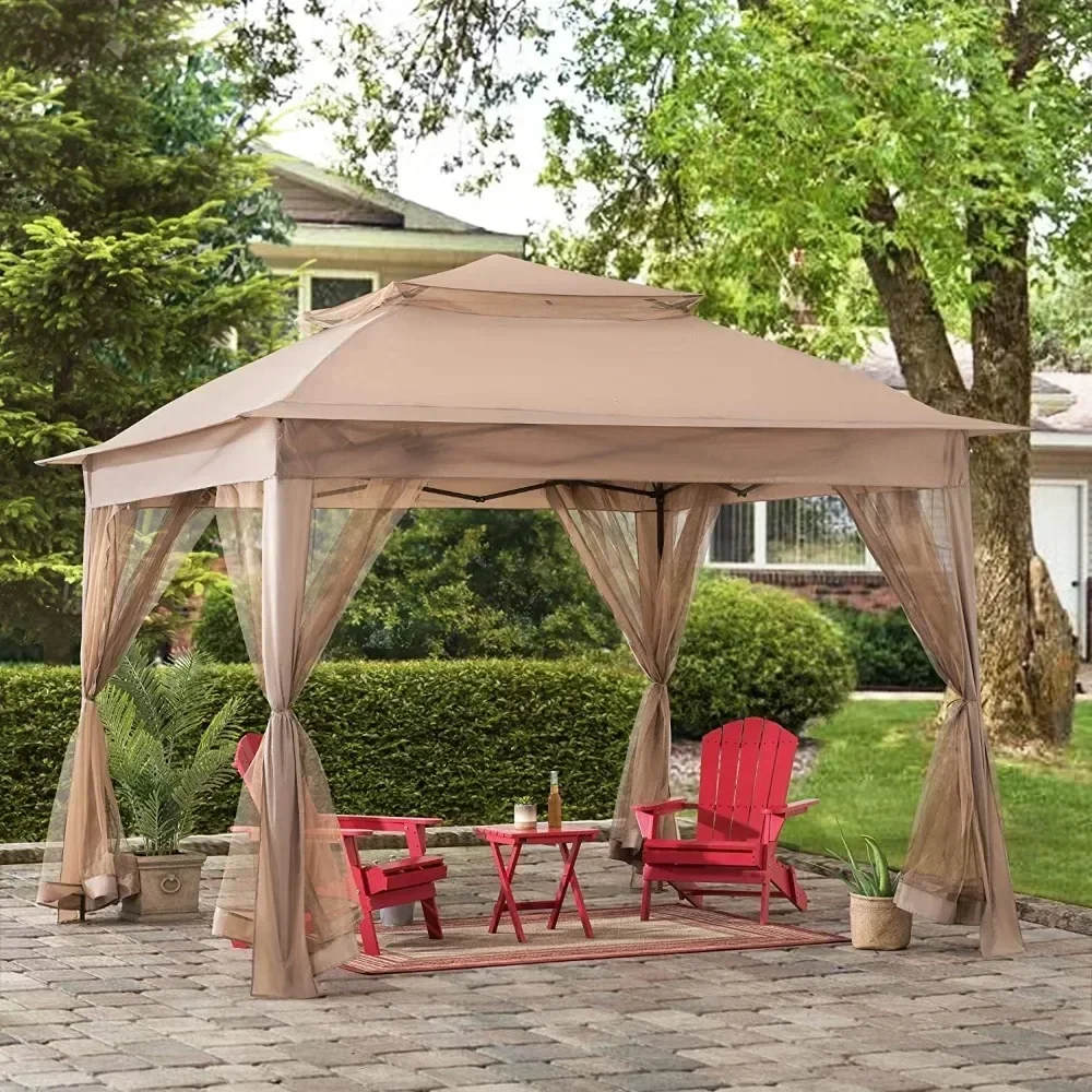 

11x11 ft. Pop-Up Instant Gazebo, Outdoor Portable Steel 2-Tier Top Canopy/Tent with Netting and Carry Bag, Patio Umbrellas Tents