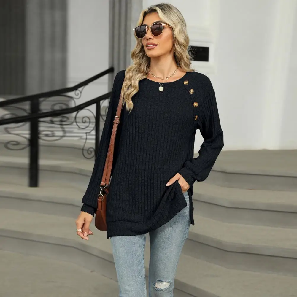 Women Basic Button-up Tee Stylish Women's Long Sleeve Tee with Button Detail Side Slits Casual Round for Everyday for Comfort