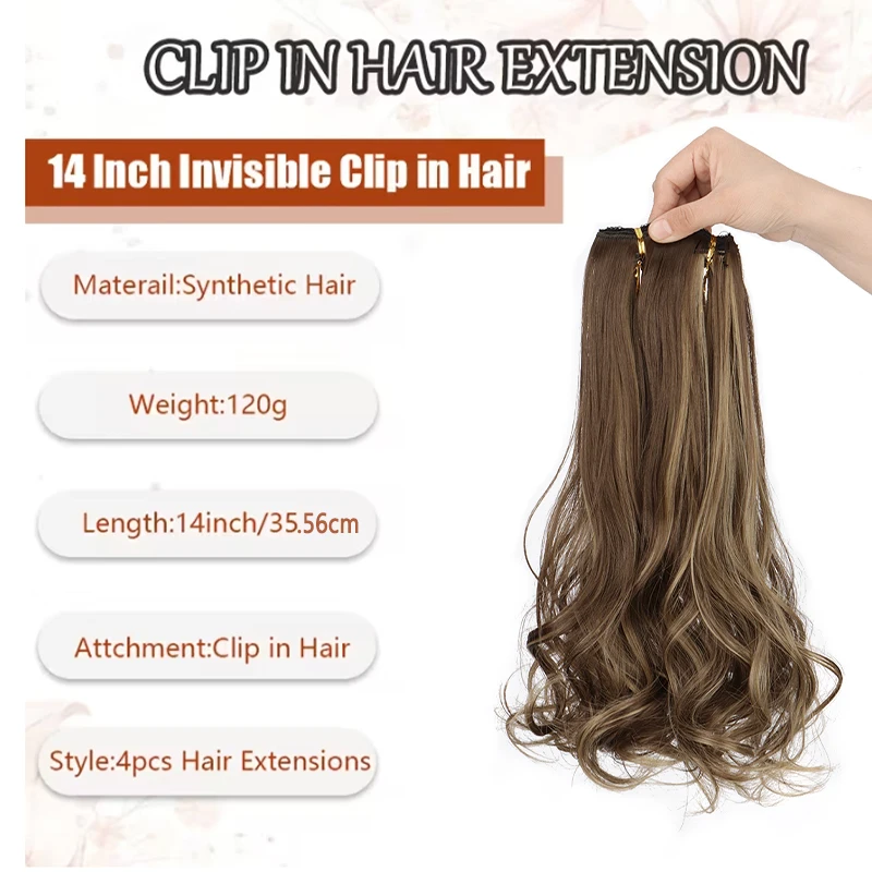 14Inch Synthetic 4pcs/set Short Curly Thick Volume Soft Synthetic Hairpieces Invisible Clip in Hair Extension for Women