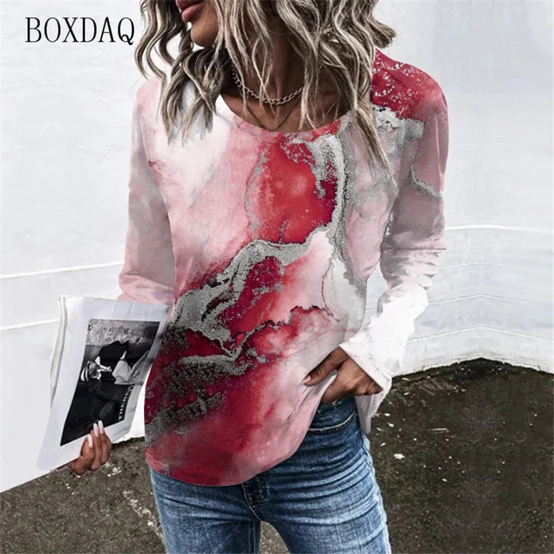 S-6XL Plus Size Women Clothing Long Sleeve T-Shirts Spring Autumn Tie-dye Gradient 3d Print Street Ladies Tees Loose Casual Tops