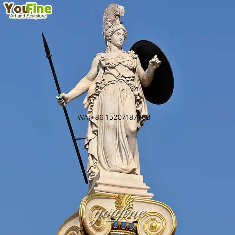 Wmwmnu Factory Hand Carved White Marble Athena Statue Life Size Greek Goddess of War Sculpture With Spear Shield for Villa