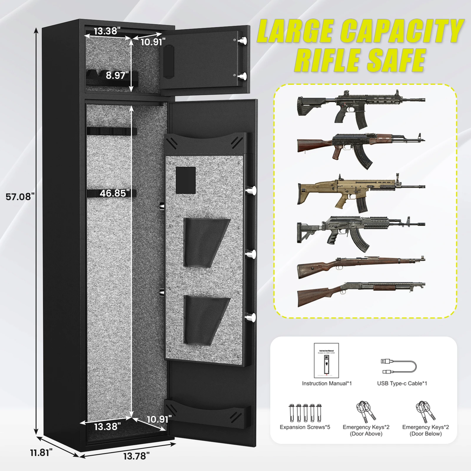 Kavey 2 In 1 senjata keselamatan, 4-5 senapan Digital aman dengan rak senjata & pemegang Pistol yang dapat disesuaikan, penyimpanan ganda kabinet Pistol