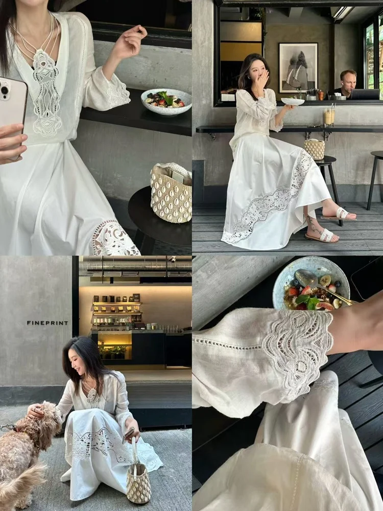 

ZQ Zigeng Silk White Hollow out Embroidered irt Summer New Loose Fit Sun Protection Cover up Long Sve Women's B...