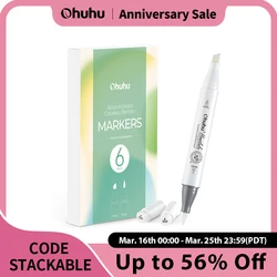 Ohuhu Honolulu Colorless Blender Marker Pack of 6 Alcohol Based Ink No.0 Clear Blender for Adding Highlights Textures Erasing