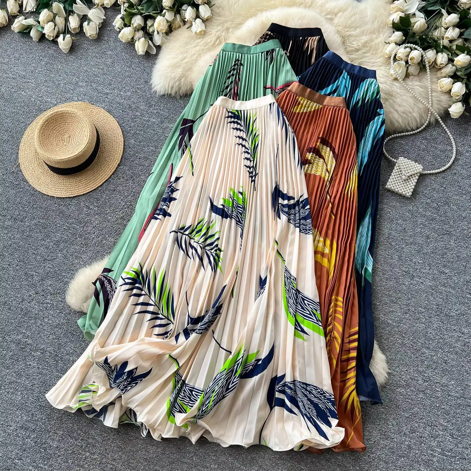 New In 2026 Women Summer Floral Pleated Skirts Female Elegant High Waist Casual A-line Skirt