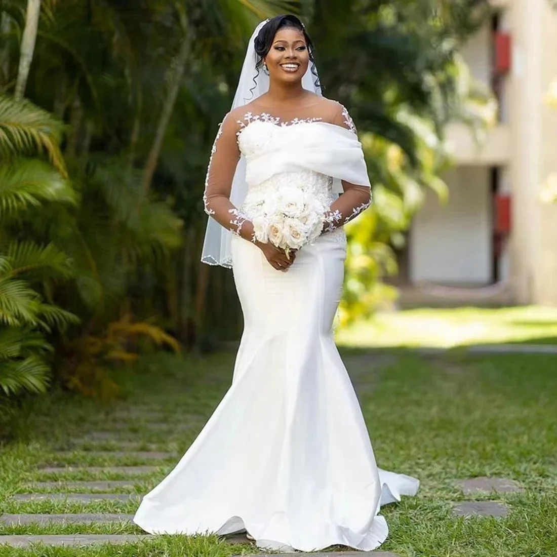 Suknia ślubna z aplikacjami z koronki scoop, szyta na miarę, dla panny młodej, ślub w ogrodzie, afrykańskie długie rękawy, suknie ślubne.