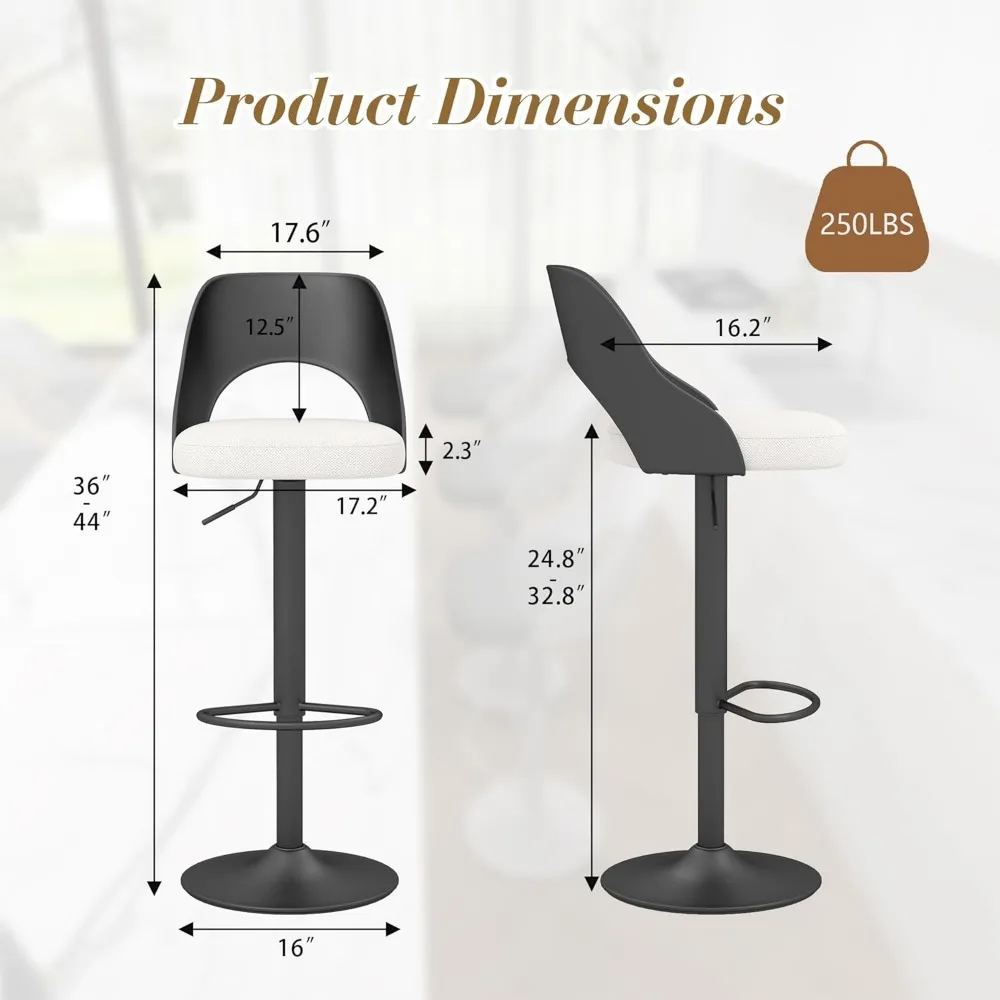 Modern Barstools 1 PC, Height Adjustable Swivel Counter Bar Stool with Hollowed-Out PP Black Back, Upholstered Bar Chair