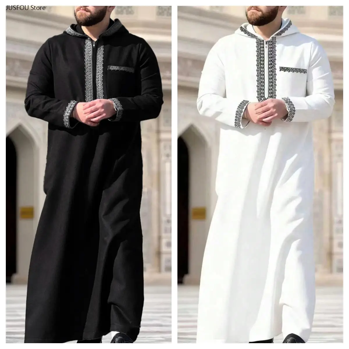Men Moroccan Islamic Thobe Thawb, Hooded Embroidered Muslim Robe, Traditional Arabic Ethnic Casual Prayer Clothing