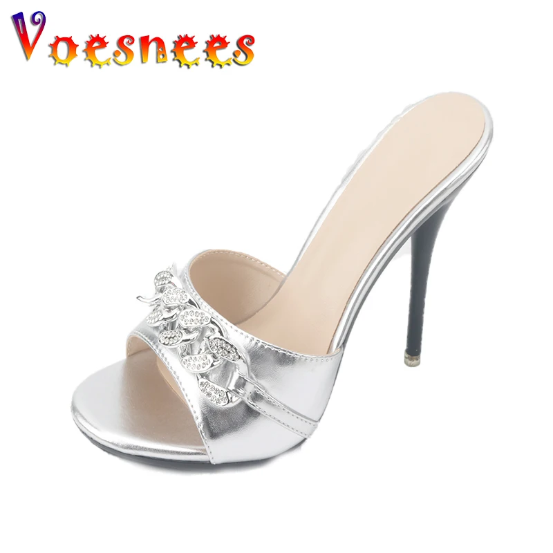 Female Summer High Heels Sexy Open Toes Slippers Luxury Rhinestone Party Dress Shoes Black Slides Sandals Women Mules Plus Size