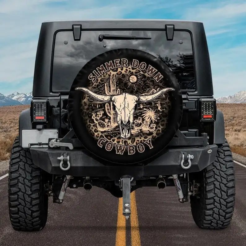 Funny Spare Tire Cover, Simmer Down Cowboy Tire Cover, Western Tire Cover with backup camera hole, Car accessories for women, Wh