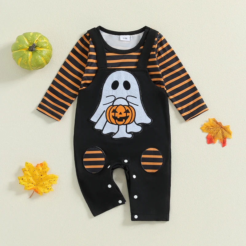 

Baby Halloween Romper Stripes Ghost Print Long Sleeve Round Neck Fake Two Piece Fall Overall Jumpsuits