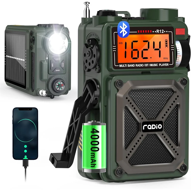 

Portable Disaster Kit Emergency Weather Hand Crank Solar 4000mAh Rechargeable Speaker Portable AM/FM/SW/WB Radio