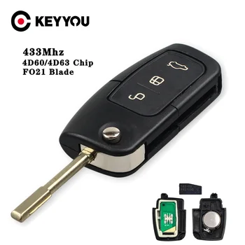 Keyyou chave remota de carro com chip 4d60, 3 botões, 433mhz, para ford fusion focus mondeo fiesta galaxy, automóvel fo21, lâmina, chave flip automática